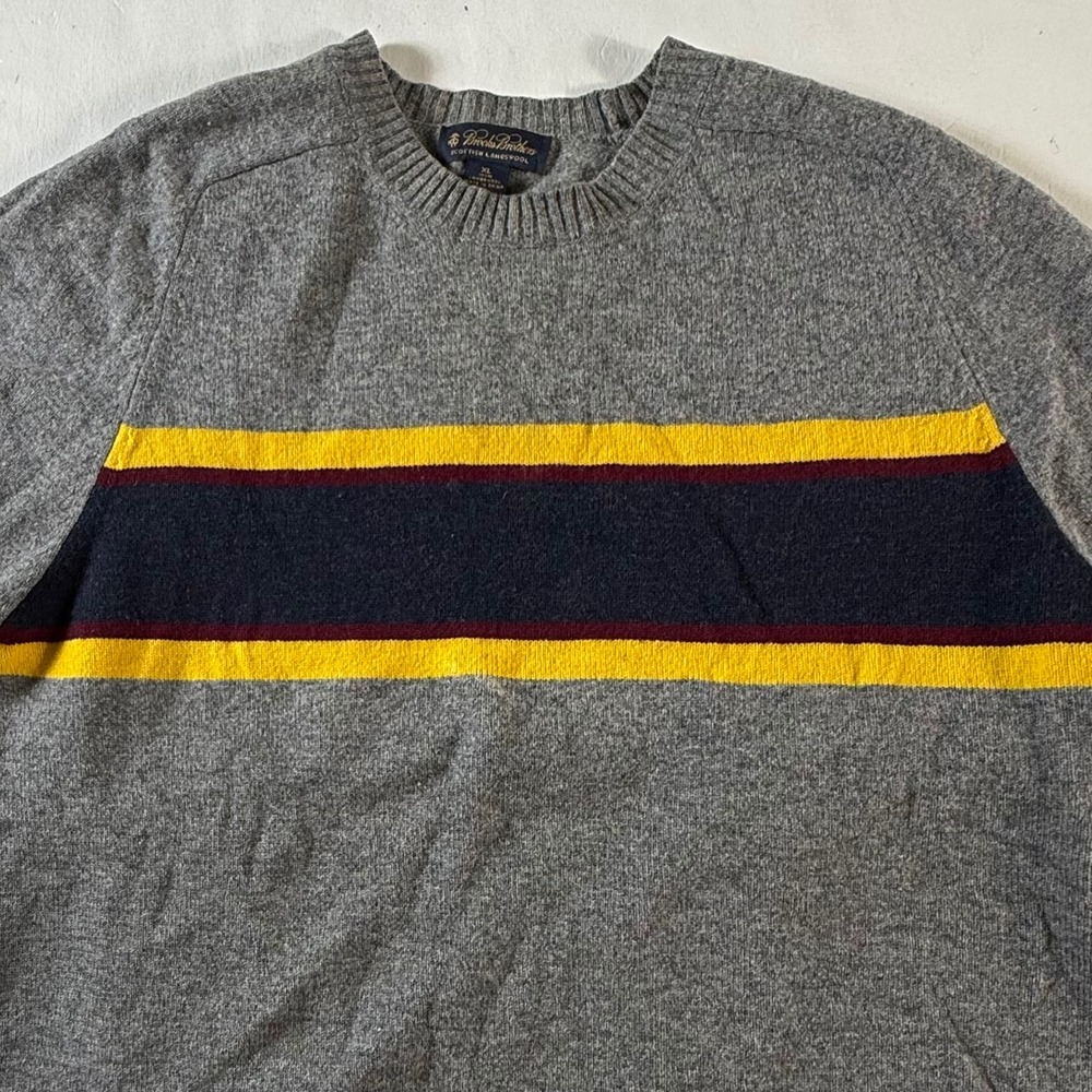 Brooks Brothers Sweater Mens XL Gray Scottish Lambswool Striped Crewneck